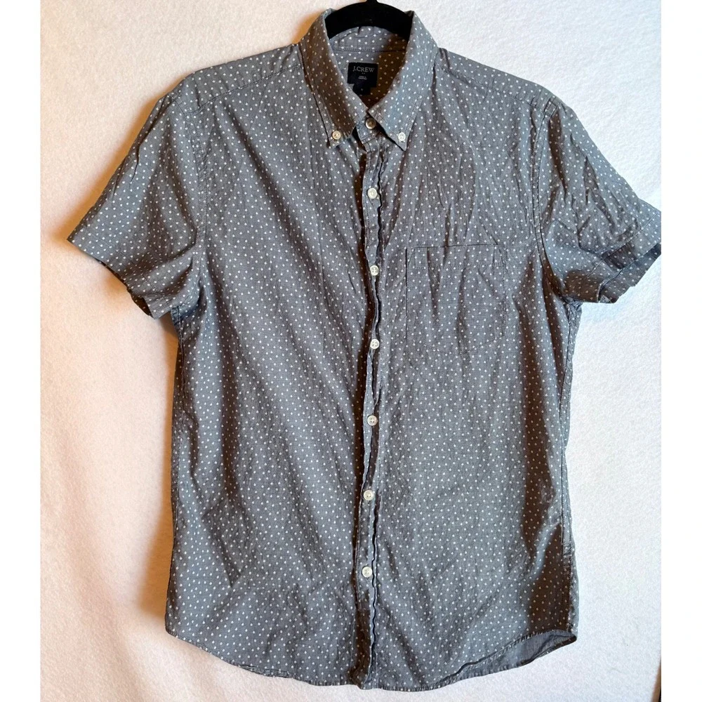 J.Crew Mens Short Sleeve Button Down Shirt Gray Dot Print Size Small‎